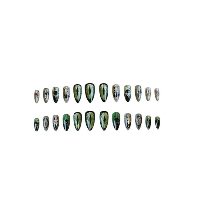 Medium Almond Press on Nails Cat eye Fake Nails Green Silver Glitter Artistic Nail Floral Butterfly Stick on Nail for Women 24pcs