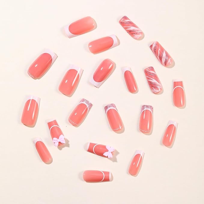 24Pcs French Tip Press on Nails Medium Coffin Fake Nails Bow Charms Acrylic Nails Pink Glitter Nails Tip Artificial False Nails Cute Glue on Nails Glossy Stick on Nails for Women Girls Nail Decoration