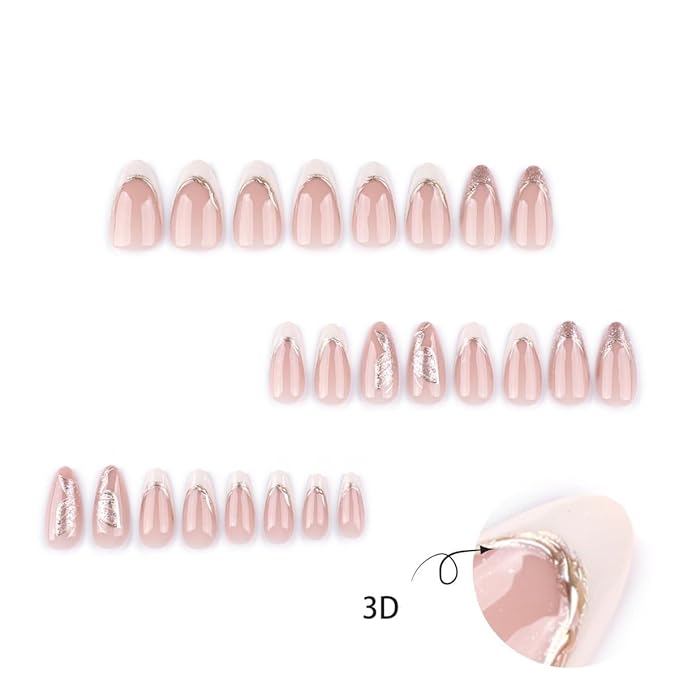 French Tip Press On Nails Medium Almond Fake Nails 3D Gold Line Butterfly Design Stick on Nails Bling Glitter False Nails Reusable Full Cover Acrylic Glue On Nail for Women Manicure 24Pcs