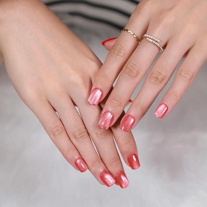 evpct Pink Cat Eye Extra Short Press on Nails Square, Petite Short Square Glue on Nails for Women Gift, Red Nude Pink Metallic Glitter Glossy Reusable Stick Gel Press on Acrylic Fake Nail with Designs