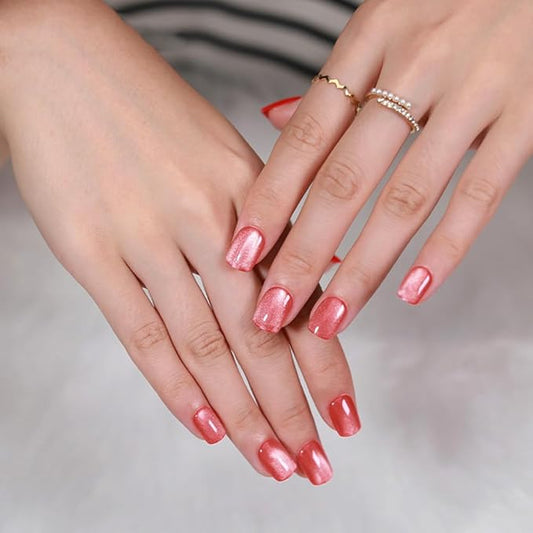 evpct Pink Cat Eye Extra Short Press on Nails Square, Petite Short Square Glue on Nails for Women Gift, Red Nude Pink Metallic Glitter Glossy Reusable Stick Gel Press on Acrylic Fake Nail with Designs