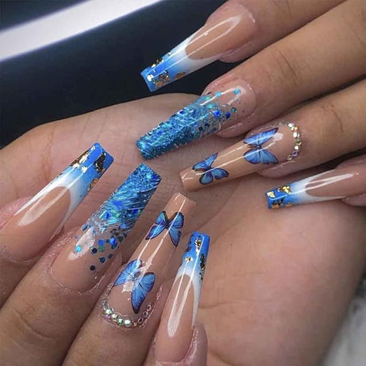 Artificail Extra Long Press on Rhinestone Nails Butterfly Fake Nails with Sequins Glitter Acrylic Blue Full Cover Fake Nails with Design Nail Tips for Women&Girls, 24PCS