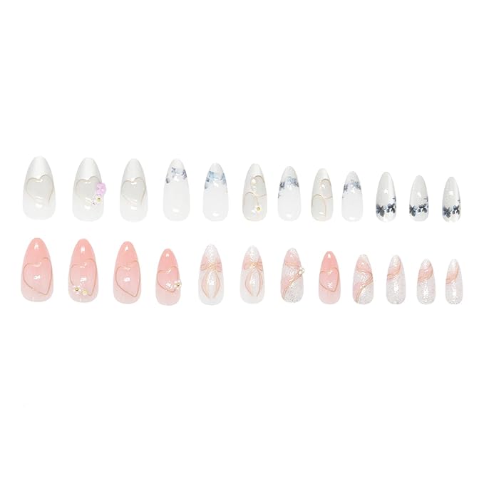 24pcs Pink Press on Nails Medium Almond Fake Nails with Small Flower Rhinestones Pearl Designs French False Nails Bow Stick on Nails Summer Floral Acrylic Nail Tips Full Cover Glue on Nails for Women