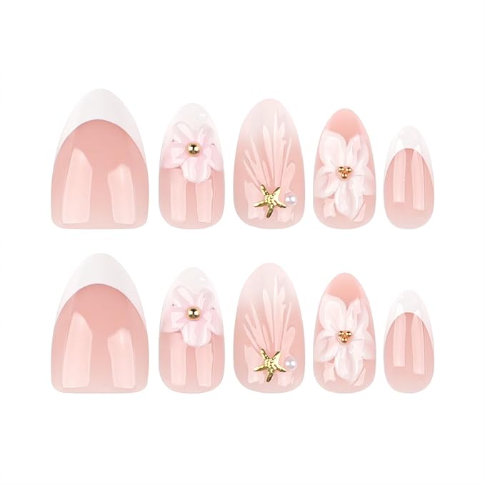 White Flower Press On Nails short, 24pcs Almond French Fake Nails with 3D Floral Design, Pearl & Starfish Decor, Glossy Nude Acrylic Stick On Nails Kit for Women Girls Manicure