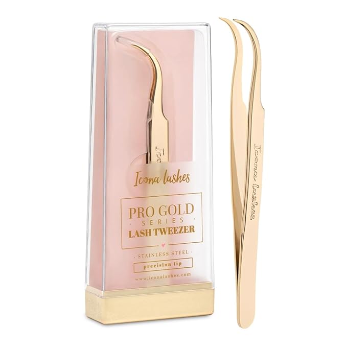 Hair Removal & Eyelash Tweezer - J-curved Tip for Precise Plucking - Applicator Tool for False Eyelash Clusters & Lash Extensions - 24K Gold Plating, Stainless Steel - Case Included