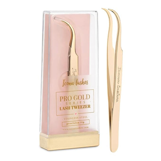 Hair Removal & Eyelash Tweezer - J-curved Tip for Precise Plucking - Applicator Tool for False Eyelash Clusters & Lash Extensions - 24K Gold Plating, Stainless Steel - Case Included
