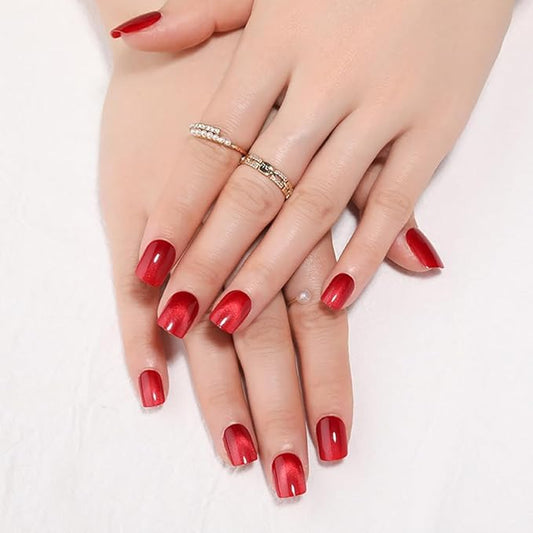 evpct Red Cat Eye Extra Short Press on Nails Square, Petite Short Square Glue on Nails for Women Gift, Real Red Metallic Glitter Glossy Reusable Stick Gel Press on Acrylic Fake Nail with Designs