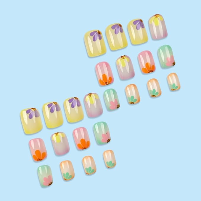 Square Press on Nails Short Fake Nails Colorful Artificial Nails Full Cover Acrylic Press on Nails with Glitter Petal Designs False Nails Cute Stick on Nails for Women Girls Nail Art Decoration 24PCS