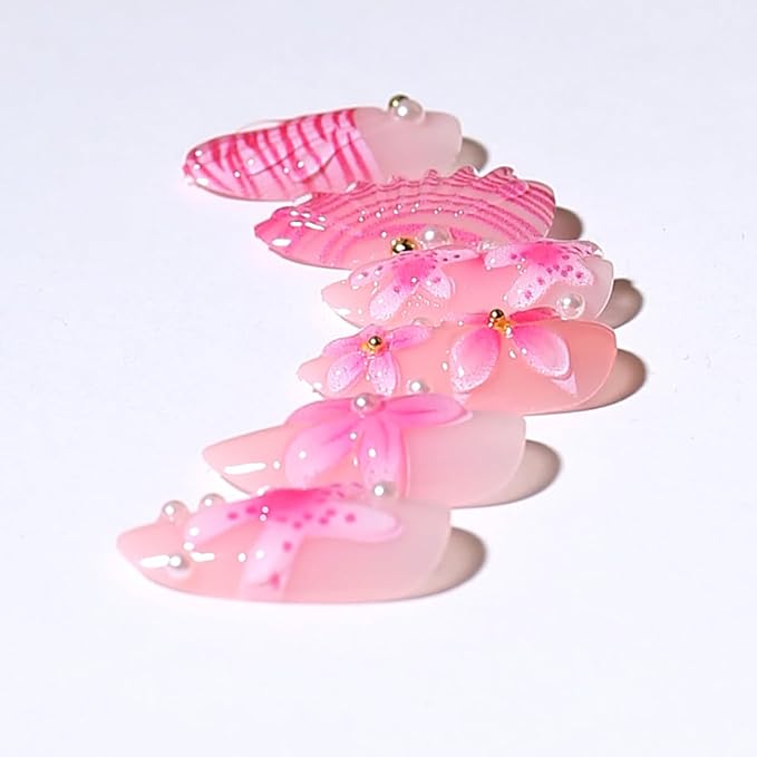 30Pcs Pink Flower Press on Nails Medium Almond French Tip Fake Nails Summer Shell Starfish with Gold Bead Peal Design Pink Summer Full Cover Glue on Nails Beach False Nails for Women Acrylic Manicure