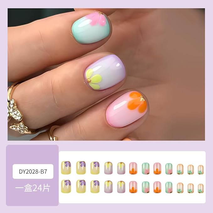 Square Press on Nails Short Fake Nails Colorful Artificial Nails Full Cover Acrylic Press on Nails with Glitter Petal Designs False Nails Cute Stick on Nails for Women Girls Nail Art Decoration 24PCS