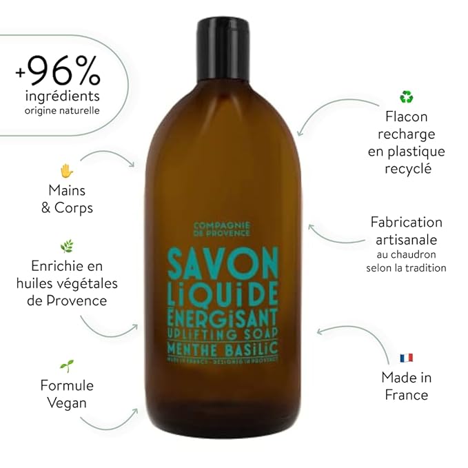 Compagnie de Provence Savon de Marseille Apothicare Liquid Soap, Mint Basil, 33.8 fl oz Plastic Bottle Refill