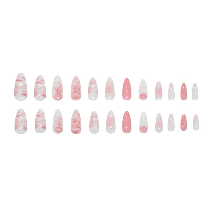 24PCS Summer Press on Nails Almond Fake Nails with 3D Shell Pattern Jellyfish Pearl Press on Fake Nail Full Cover Stick on Nails Handmade Press on Nails Art Decoration for Women