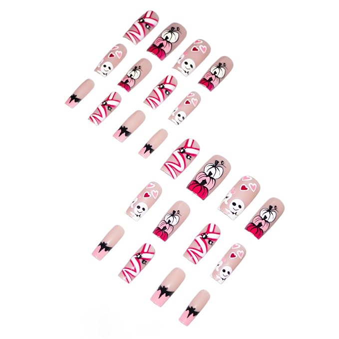 24Pcs Halloween Press on Nails Medium Length Square Fake Nails Pink White Cute Ghost Pumpkin Bat Designs Glossy Full Cover Stick on Nails French Tip False Nails for Women Acrylic Nail Decorations