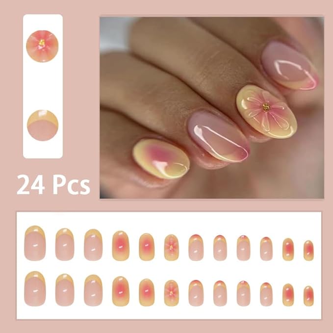 24Pcs Yellow French Tip Press on Nails Short Almond Fake Nails with 3D Flower Glue on Nails Gradient False Nails Summer Acrylic Nails Full Cover Floral Stick on Nails for Women Nail Art Designs