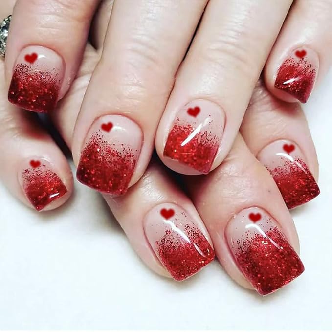 2 Packs 48Pcs Press on Short Square Fake Nails - Valentine's Day Acrylic Red Glitter Ombre Glue on Kid Heart Love False Stick on Decoration for Women Girls
