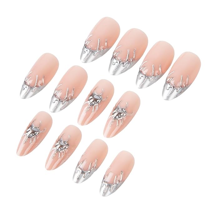 French Tip Press on Nails Silver Almond Fake Nails Medium Acrylic Nails Press ons with 3D Heart Designs Silver Metal Artificial False Nails Glossy Full Cover Glue on Nails for Women Manicure 24 Pcs