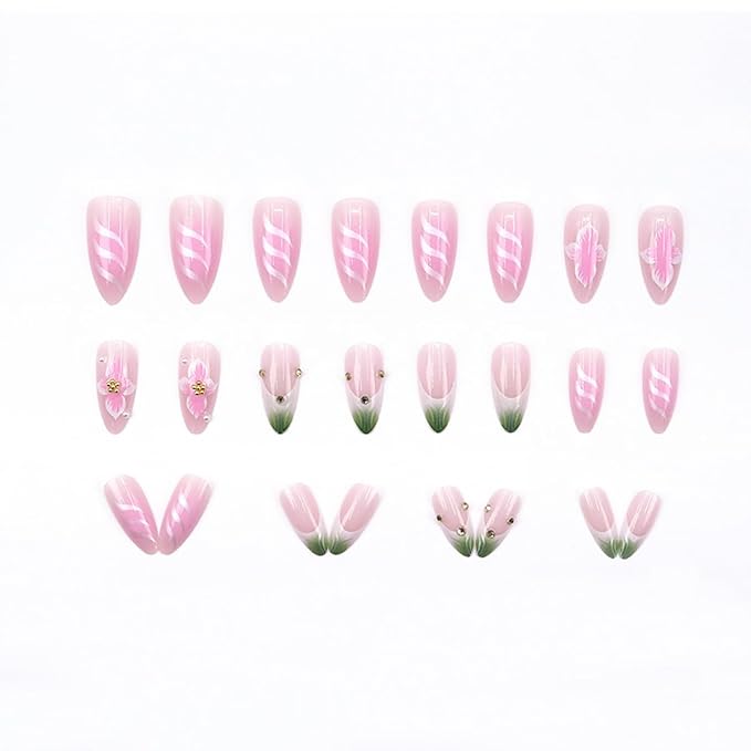 24Pcs Flower Press on Nails Medium Almond Fake Nails 3D Flower with Gold Beads Design Full Cover Pink Gradient Glue on Nails Reusable Spring Nails with French Tip False Nails for Women Acrylic Nails