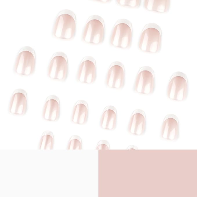 Oval French Press On Nails Short, White Tip Fake Nails with Sheer Pearl Base, Glossy Reusable Glue On Nails, Elegant French Manicure Stick On Nails for Women, 24 Pcs