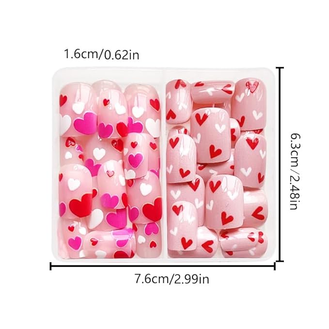 2 Packs 48Pcs Heart Press on Nails Short Square Fake Nails Valentine's Day False Nails Cute Heart Love Glue on Nails Kid Glossy Reusable Artificial Acrylic Nails for Women Girls Nails Decoration