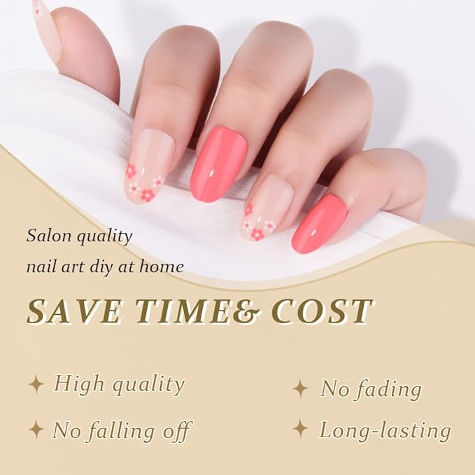 evpct Press on Nails Oval Short, Nude Rose Red Press on Fake Nails with Floral Designs Reusable Stick on Nails for Gift, Soft Gel Press Glue On False Nail 2 Colors in 1 Supremely Fit Full Cover 24Pcs