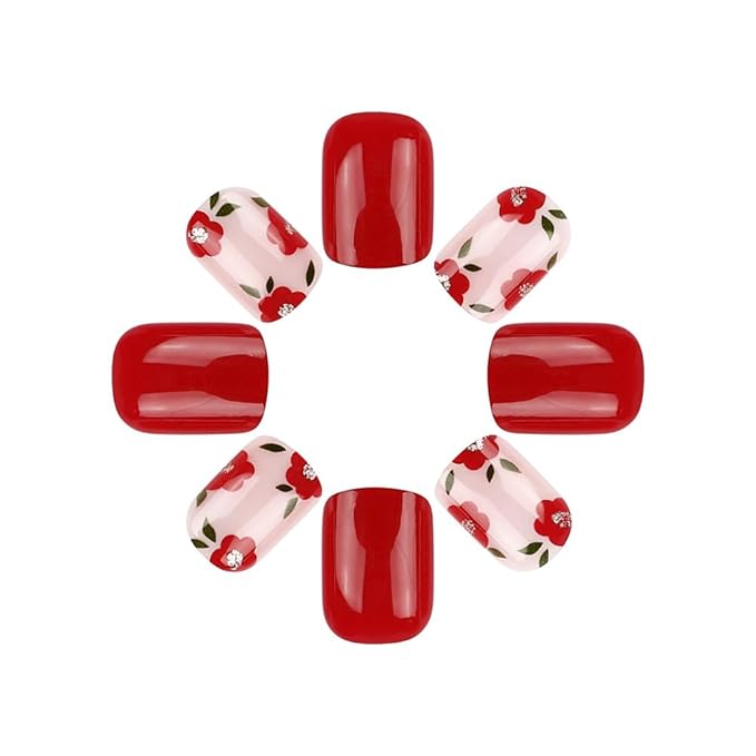 Small Flower Press on Nails Short Square Fake Nails Glossy Red False Nails with Cute Flowers Designs Full Cover Glue on Nails Spring Summer Acrylic Nails Short Floral Artificial Nails for Women 24PCS