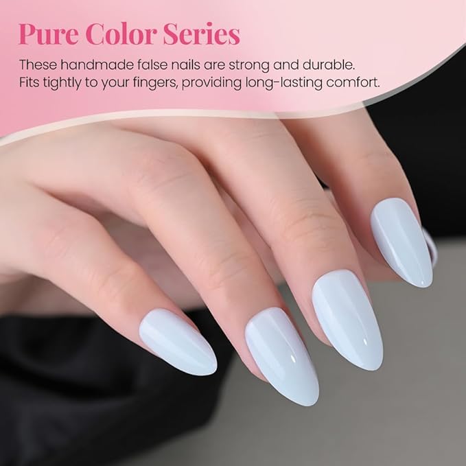evpct Sky Blue Press on Nails Almond Short, Glossy Short Almond Fake Nails Kit for Women, Soft Gel Press On Nail with Nail Glue, 15 Sizes 30Pcs Reusable Stick on Acrylic Fake False Nail Manicure Set