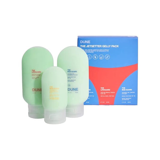 Jetsetter Gelly Pack Mini Travel Set - 7x Award-Winning Dermatologist Recommended Clear Gel Suncare for Face and Body - Bod Guard (2 Fl Oz), Mug Guard (1 Fl Oz), and Life Guard (2 Fl Oz)