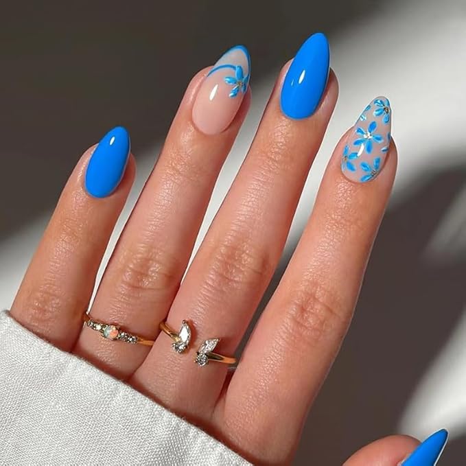 Blue Short Almond French Press on Nails Flower Pattern Fake Nails DIY for Women and Girls Daily and Party Use Can Glue on Nails Blue Full Cover Acrylic Stick on Nails 24 Pcs Kit