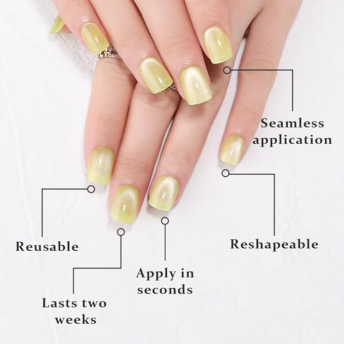 evpct Light Green Cat Eye Extra Short Press on Nails Square, Petite Short Square Glue on Nails for Women Gift, Avocado Metallic Glitter Glossy Reusable Gel Press on Acrylic Fake Nail with Designs