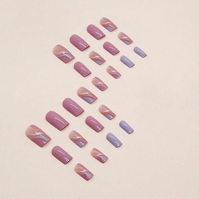 Medium Press on Nails Square Shape Plum Fake Nails with Design False Nails Glue on Nails for Women 24pcs