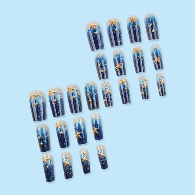 Medium Square Press on Nails Sea Blue Fake Nails 3D Starfish Acrylic Full Cover False Nails with Designs Glossy Glue on Nails Summer Beach Stick on Nails Cute Artificial Nails for Women Girls 24PCS