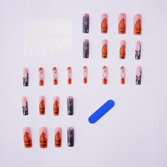 24Pcs Halloween Press on Nails Long Square French Tip Fake Nails Orange Pumpkin with Black Spider Web Monster Goth Design Cute Ghost False Nails Glossy Stick on Nails for Women Acrylic Holiday DIY
