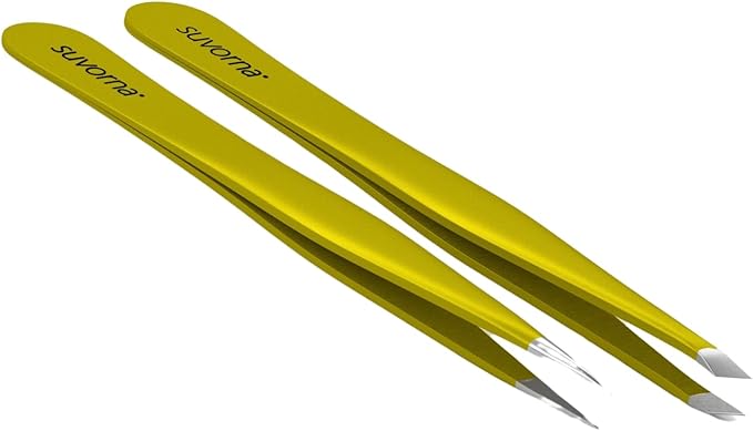 Suvorna Professional Tweezers for women facial hair - Sharp Pointed Tweezer & Slanted Eyebrow Tweezers for Women - Eyebrow Tweezer for Women, Lash tweezers and Splinter removal (4-inch size, Yellow)