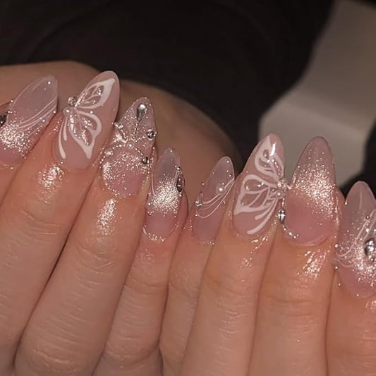 Pearl Charms Cat Eye Press On Nails Almond Short, Butterfly Pattern Designer Reusable Acrylic Nails Press Ons, Fake Nails With Glue On, Daily Wear Floral False Nails For Women