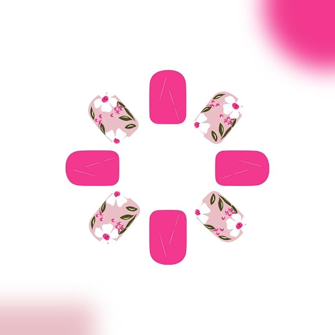 Flower Press on Nails Short Square Fake Nails Pink False Nails Spring Summer Glossy Full Cover Acrylic Nails Cute Floral Glue on Nails Shiny Artificial Stick on Nails for Women Manicure 24 Pcs