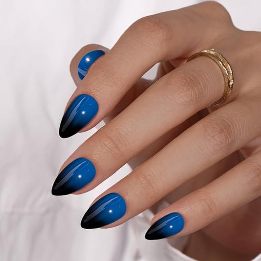 KQueenest Blue Black Press On Nails Short Almond, Ombre French Press On Nails with Glue, Dark Fake Nails Press ons, Soft Gel Glue on Nails with Gradient Design for Women Goth Decoration, 30 Pcs