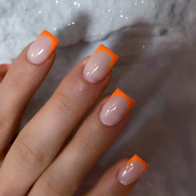 30 Pcs Orange French Tip Press on Nails Short Square, Acrylic Fake Nails Press ons with Glue, Small Coffin Acrylic Natural Nude Glue on Nails for Women, 15 Sizes