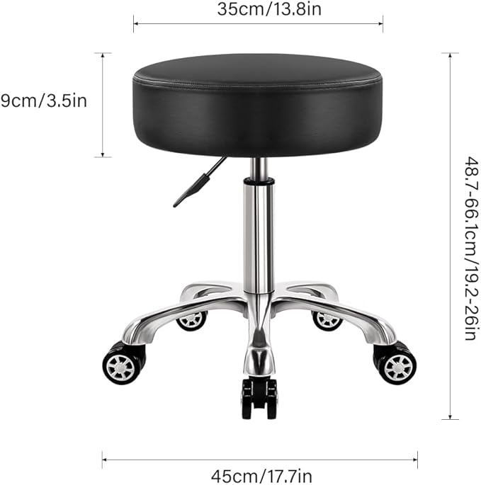 Heavy Duty Rolling Stool with Wheels, 360 Swivel, Adjustable Height, Black, Modern Style, Faux Leather Seat, Aluminum Alloy Base, Kitchen, Garage, Garden, Outdoor, Bar