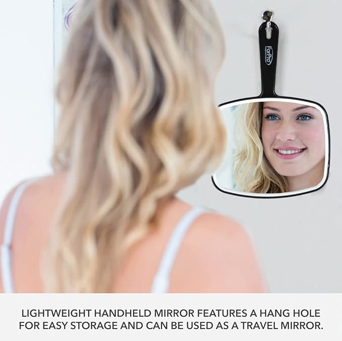 ForPro Professional Collection Premium Hand Mirror with Handle, 6.3" W x 9.6" L, Multi-Purpose Handheld Mirror with Distortion-Free Reflection, Black
