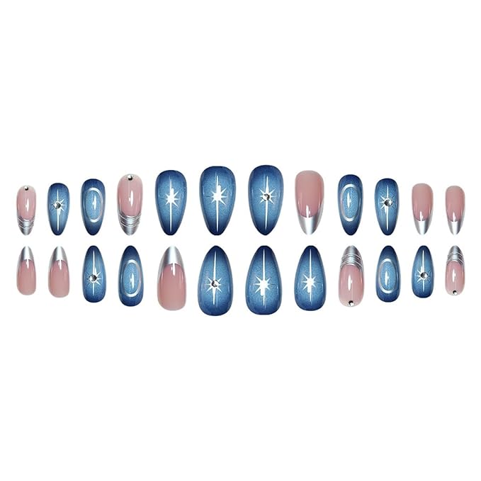 24Pcs Almond Press on Nails Short Fake Nails with Star Designs Gradient Blue Acrylic Nails Silver French Tip Glue on Nails with Rhinestones Metallic Style 3D Nails Press ons False Nails for Women