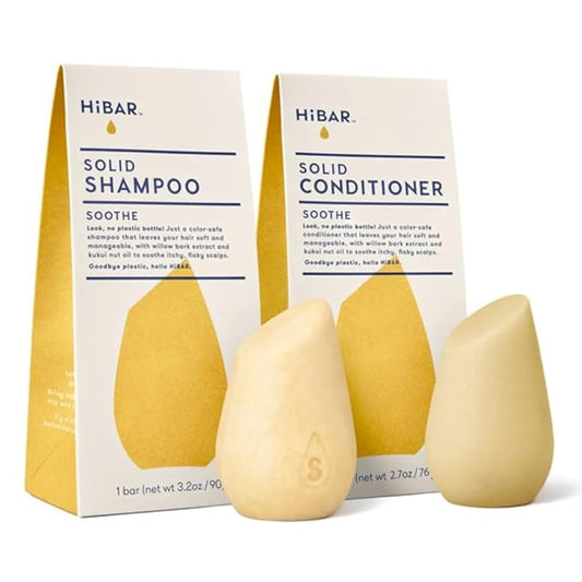 HiBAR - Soothe Shampoo & Conditioner Set - For Dry, Itchy, Flaky Scalps - Improves Scalp Health - Willow Bark Extract & Salicylic Acid - Plastic, Soap, Paraben & Sulfate-Free -Color Safe -2 Solid Bars