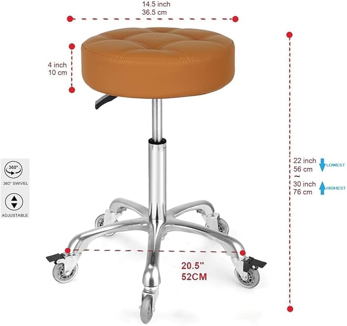 Adjustable Heavy Duty Stool - Rolling Stools with Locking Caster Wheels - Swivel Stools Backless Chair for Home Kitchen Office Shop Tattoo Lash Tech Pedicure (Camel, Height 22 to 30 in)