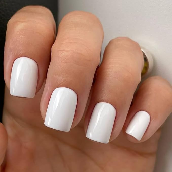 Press on Nails Short Square, Pure White Fake Nails Kit, Fashion Glossy Acrylic Press on Nail, Natural Stick on Nail, Thick Reusable Glue on Nails Short Press on Nail for Women, 30Pcs