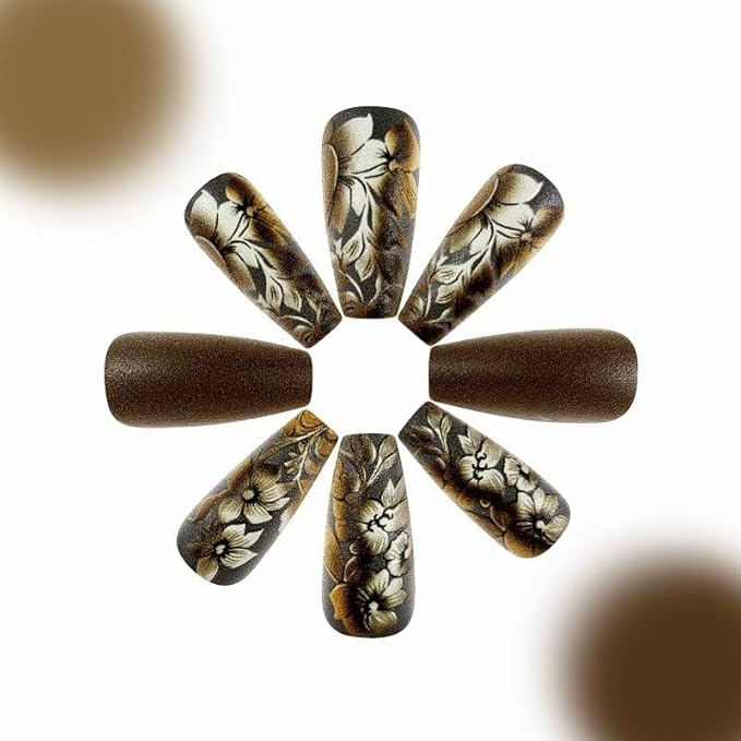 Medium Square Acrylic Nails, 24Pcs Glossy Floral Designs, Full Cover Artificial Nails, Press On Nails, Brown, Style 6