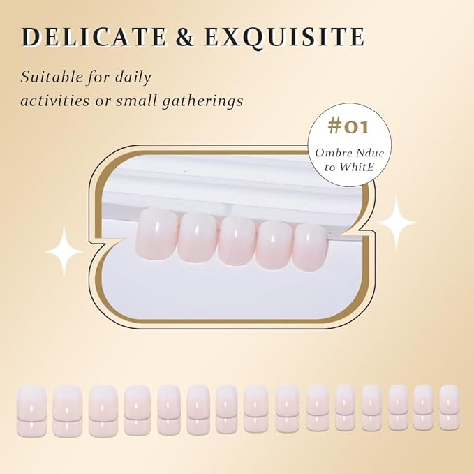 evpct Ombre Glossy Press on Nails Short Square, Nude to White Glossy Fake Nails Reusable, Acrylic False Nail Stick Glue on Press ons for Women Gifts, Color Ombre Artificial False Nail Kit Glue, 30Pcs