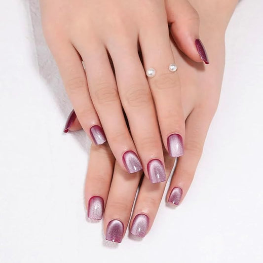 evpct Purple Cat Eye Short Press on Nails Square, Petite Short Square Glossy Nails with Designs for Women, Light Lavender Purple Glue on Glitter Reusable Gel Press on Acrylic Fake Nail Holographic