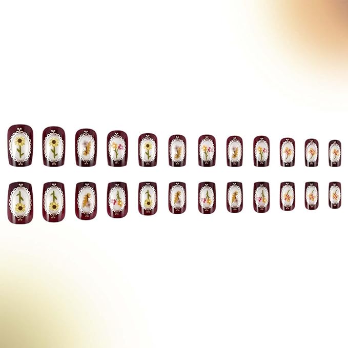 Square Press on Nails Medium Fake Nails Brown False Nails with Sunflower Design Cute Acrylic Nails Full Cover Artificial Nails Glossy Floral Glue on Nails Stick on Nails for Women 24Pcs