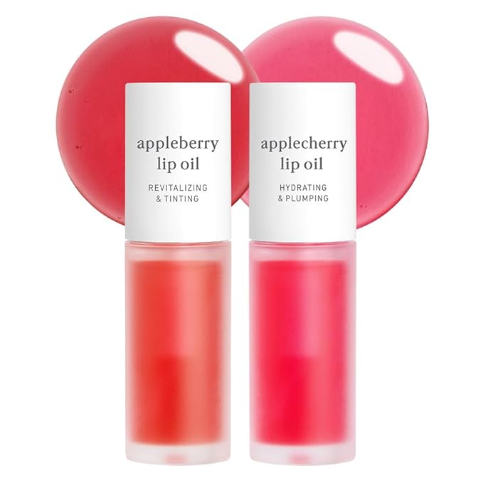 NOONI Korean Lip Oil Set - Appleberry & Applecherry | Long-Lasting, Moisturizing, Plumping, Revitalizing for Dry Lips, Waterproof, No Peel Off, Stocking Stuffers, lip plumper 0.12 FL Oz x 2ea