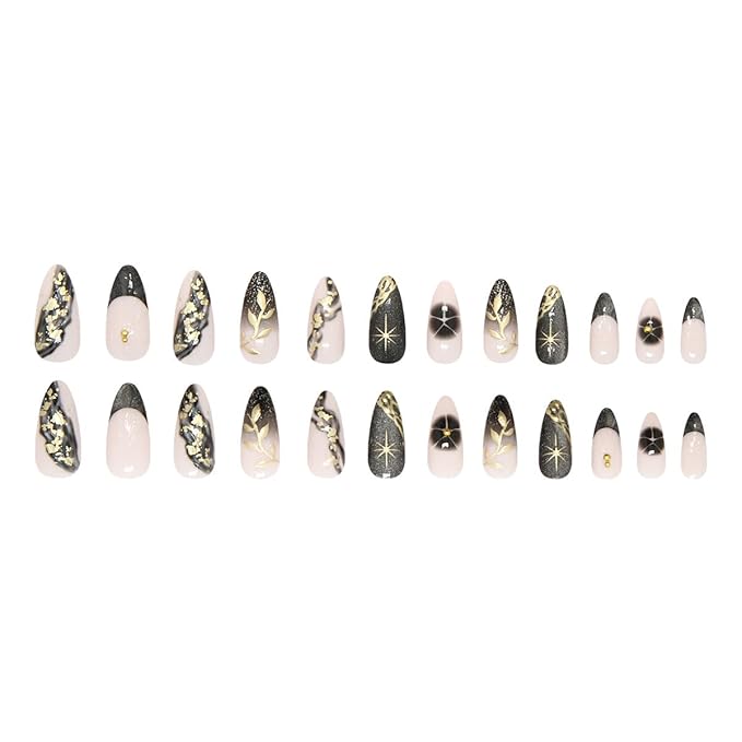 Medium Almond Press on Nails with Gold Foil and Marble Nude Black Grey Fake Nails Stick on Nail for Women 24pcs