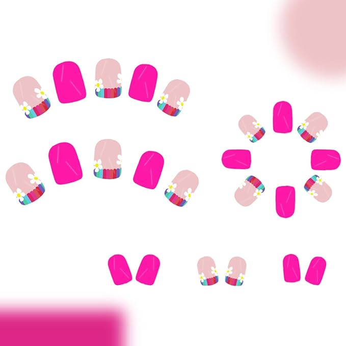 Flower Press on Nails Short Square Fake Nails Pink False Nails Floral Glossy Full Cover Acrylic Nail Spring Glue on Nail Artificial Cute Stick on Nails for Women Manicure 24Pcs
